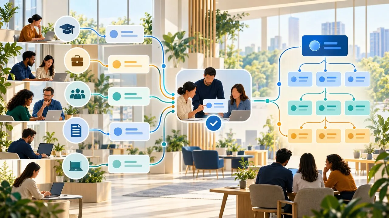 Mapa luminoso de capacidades profesionales que conecta equipos de trabajo con grupos de habilidades organizados y revisables.