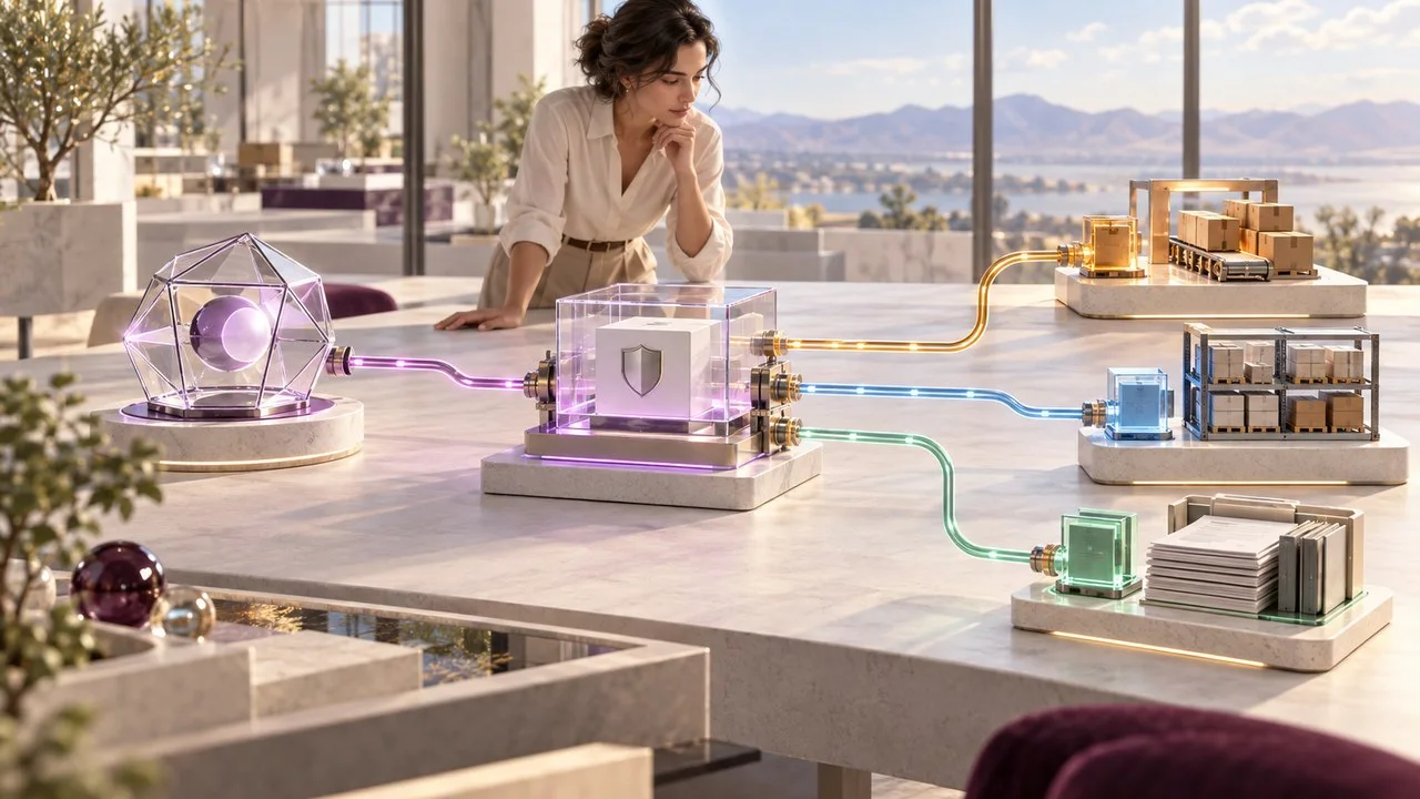 Arquitecta revisa una mesa de diseño luminosa donde un agente de IA se conecta, mediante canales separados y definidos, con módulos de pedidos, inventario y documentos.